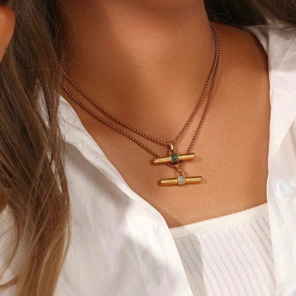 New Bar Pendant Necklace 18K Gold Plated Rhinestone Contemporary Minimalist - Picture 8 of 10